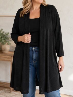 Prospect Blvd Lightweight Black Metallic 3/4 Sleeves Open Front Duster Cardigan